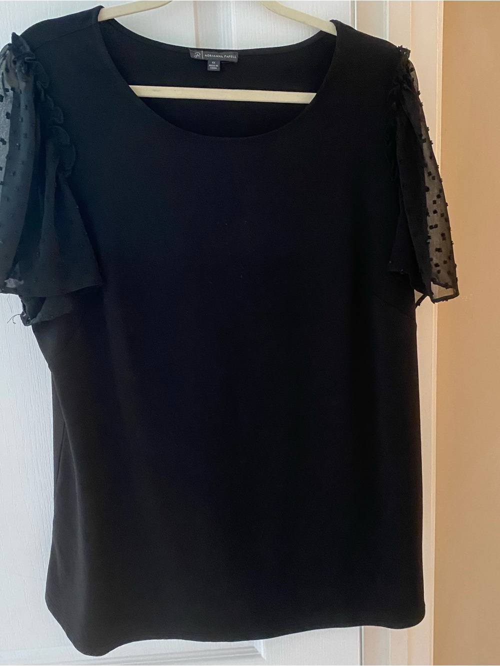 Adrianna Papell Black Scoop Neck Top with Dotted Mesh Sleeves